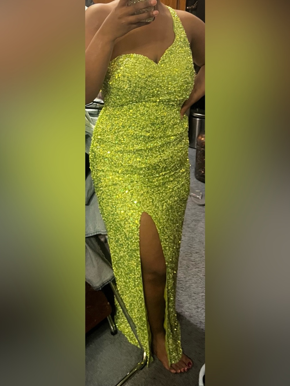 Scala Lime Green Sequin V-Neck Slit Evening Gown